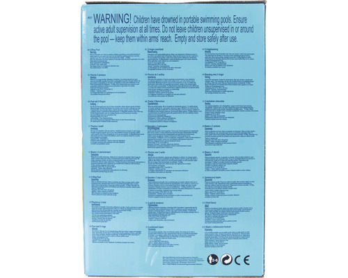 Rückseite der Verpackung eines Schwimmbeckens mit Warnhinweisen