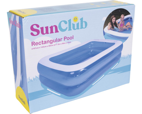 Emballage d''une piscine rectangulaire SunClub mesurant environ 197 cm x 143 cm x 49 cm