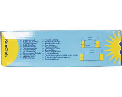Emballage SunClub avec des informations sur les piscines rectangulaires et les dimensions
