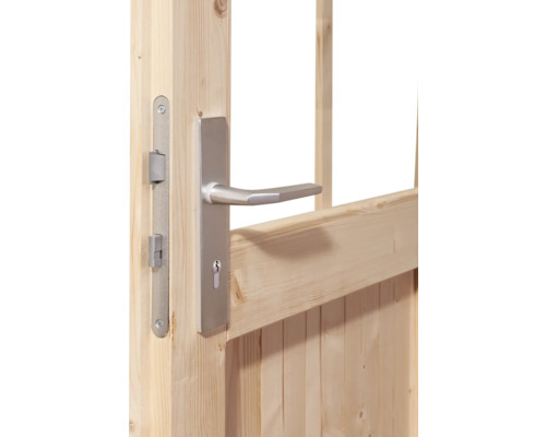 Vue détaillée d''une porte en bois avec poignée de porte et serrure