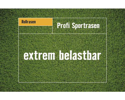 Rollrasen Profi-Sportrasen Bestellmenge 40- 49 m² tagesfrisch geschält, extrem belastbar und trittfest, höherer Pflegeaufwand, ideal für Sportanlagen, für sonnige Lage Rasenfläche mit dem Text: Rollrasen, Profi Sportrasen und extrem belastbar