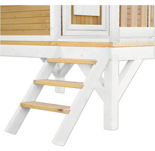 Vue détaillée d''une cabane de jeu avec des marches en bois et une finition blanche