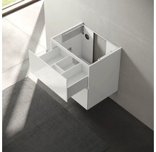 Meuble sous-lavabo blanc avec tiroir ouvert pour l''aménagement de la salle de bains