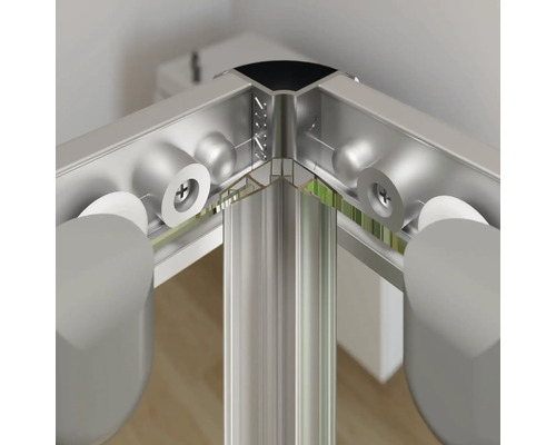 Vue détaillée d''un angle de cabine de douche avec profilés en aluminium et fixation par vis