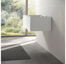 Meuble sous-lavabo mural dans une salle de bains avec fenêtre et tapis