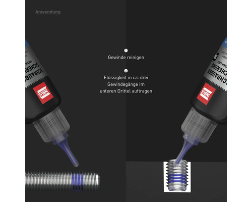 Anwendung von Schraubensicherungslack auf einem Gewinde.