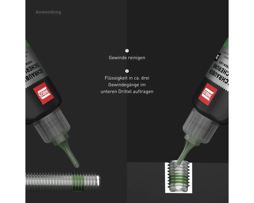 Anwendung von Schraubensicherung: Gewinde reinigen und Flüssigkeit auf die Gewindegänge auftragen.