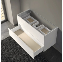 Meuble sous-lavabo blanc avec tiroirs pour le rangement de la salle de bain.