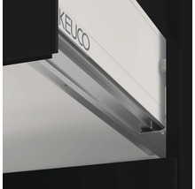 Gros plan d''une armoire de salle de bains avec logo Keuco et système d''extraction.