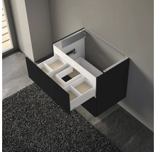 Meuble sous-lavabo noir ouvert avec tiroirs