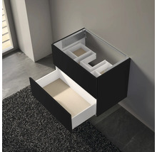 Meuble sous-lavabo noir avec tiroir et compartiment ouvert