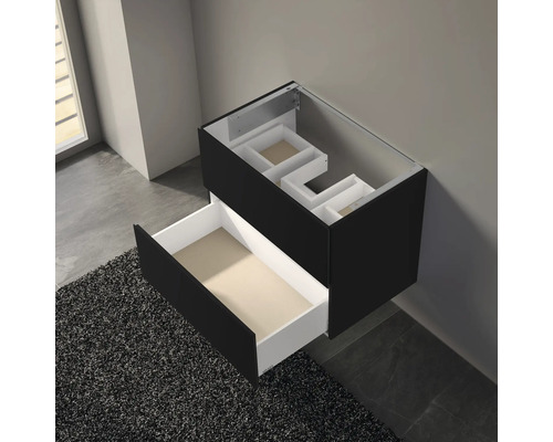 Meuble sous-lavabo noir avec tiroir et compartiment ouvert
