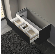 Meuble sous-vasque noir ouvert avec tiroir et compartiments pour rangement de salle de bain