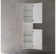 Meuble haut de salle de bain blanc ouvert avec étagères en verre