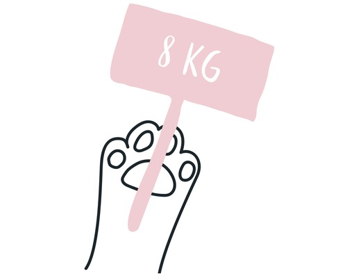 Illustration einer Katzenpfote, die ein Schild mit der Aufschrift 8 kg hält