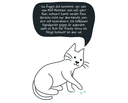 Illustration einer Katze mit Sprechblase über Katzenstreu-Geruchsneutralisation