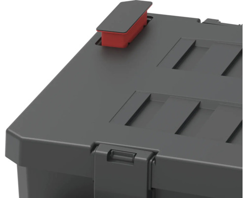 Detailansicht einer grauen Aufbewahrungsbox mit rotem Verschluss