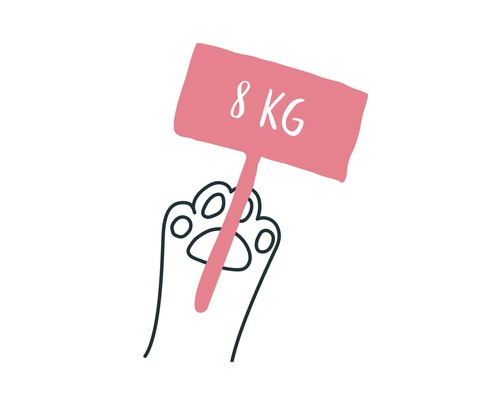 Katzenpfote hält Schild mit der Aufschrift acht Kilogramm