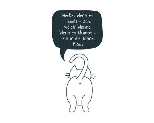 Illustration einer Katze von hinten mit einer Sprechblase, die einen Reim über Katzenstreu enthält