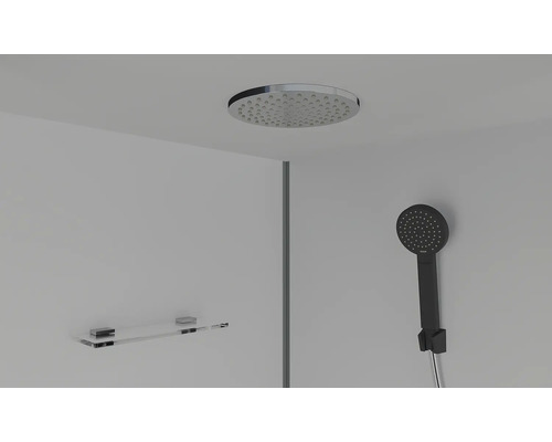 Équipement de salle de bains avec douche de tête, douchette à main et étagère