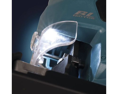 Detailansicht einer Stichsäge mit Staubschutz und bürstenlosem Motor