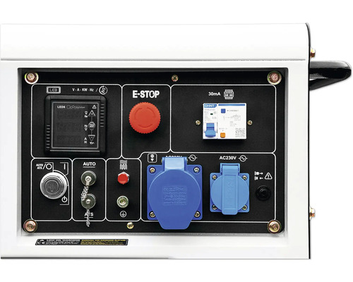 Panneau de commande d''un générateur avec écran, arrêt d''urgence et prises