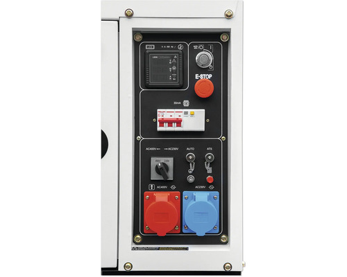 Panneau de commande d''un générateur avec affichage, interrupteurs et prises