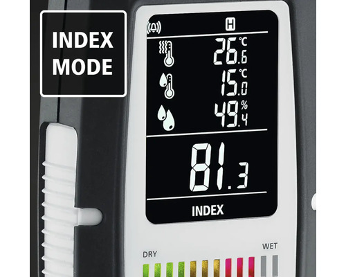 Nahaufnahme eines Wetterstationsdisplays mit Temperatur, Luftfeuchtigkeit und Indexanzeige