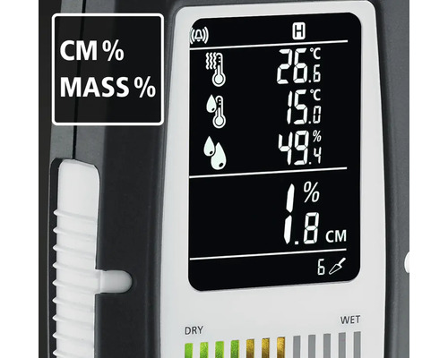 Anzeige eines Feuchtigkeitsmessgeräts mit Temperatur, Luftfeuchtigkeit und Materialfeuchtigkeit in Prozent.