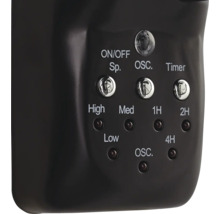 Nahaufnahme der Bedienelemente eines Ventilators mit Schaltern für Geschwindigkeit, Oszillation und Timer.