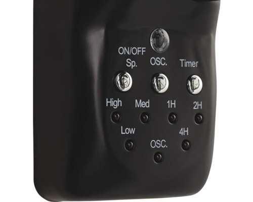 Gros plan des commandes d''un ventilateur avec des interrupteurs pour la vitesse, l''oscillation et la minuterie.