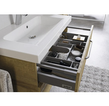 Badmöbel-Set Pelipal Sunline 108 BxHxT 92 x 200 x 50,8 cm Frontfarbe eiche riviera Badmöbelset 3-teilig mit Waschtisch Mineralmarmor weiß und Waschtischunterschrank Spiegelschrank mit LED-Beleuchtung