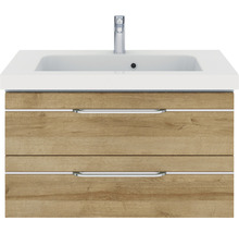 Badmöbel-Set Pelipal Sunline 108 BxHxT 92 x 200 x 50,8 cm Frontfarbe eiche riviera Badmöbelset 3-teilig mit Waschtisch Mineralmarmor weiß und Waschtischunterschrank Spiegelschrank mit LED-Beleuchtung