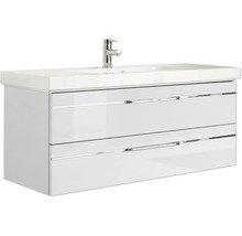Badmöbel-Set Pelipal Sunline 108 BxHxT 123 x 200 x 50,8 cm Frontfarbe weiß hochglanz Badmöbelset 3-teilig mit Waschtisch Mineralmarmor weiß und Waschtischunterschrank Spiegelschrank mit LED-Beleuchtung