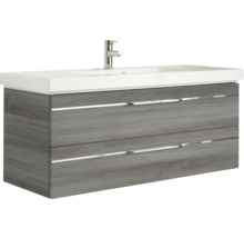 Badmöbel-Set Pelipal Sunline 108 BxHxT 123 x 200 x 50,8 cm Frontfarbe graphit struktur quer Badmöbelset 3-teilig mit Waschtisch Mineralmarmor weiß und Waschtischunterschrank Spiegelschrank mit LED-Beleuchtung
