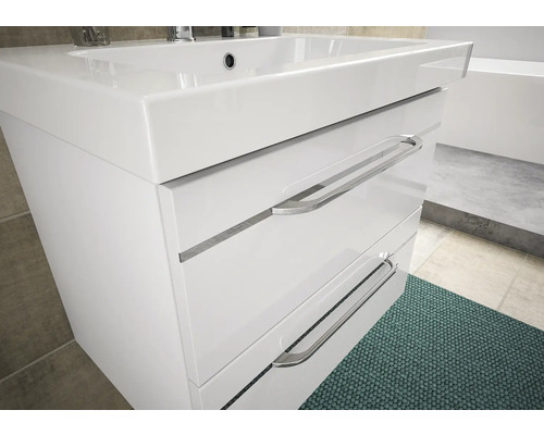 Weißer Waschtischunterschrank mit zwei Schubladen und Waschbecken