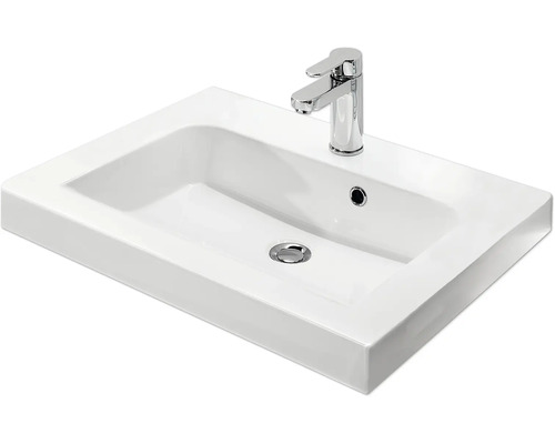 Waschtisch aus Sanitärkeramik mit Armatur