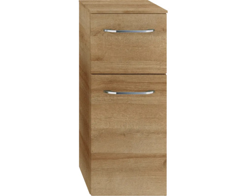 Hochschrank aus Holz mit zwei Schubladen und Griffen