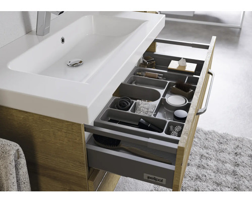 Meuble sous-lavabo avec système de rangement à tiroir ouvert pour les accessoires de salle de bain