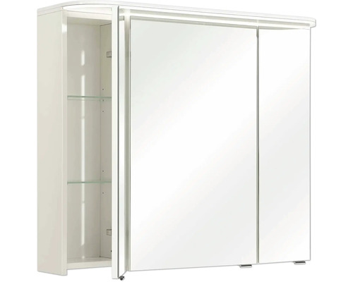 Spiegelschrank mit Glasablagen und einer geöffneten Tür