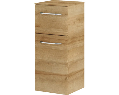 Armoire haute de salle de bains en bois avec deux tiroirs et poignées argentées