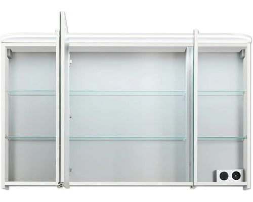 Armoire de toilette à trois portes ouverte avec étagères en verre