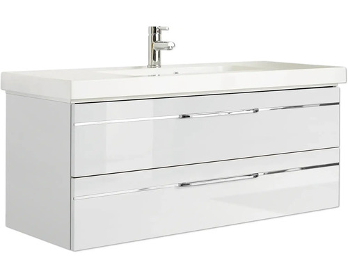 Meuble sous-vasque blanc avec deux tiroirs et vasque à poser avec robinet.