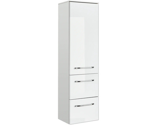 Armoire haute de salle de bains blanche avec trois tiroirs et poignées chromées.
