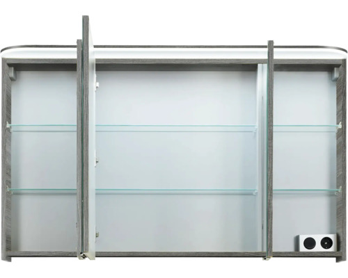 Armoire de toilette ouverte à trois portes avec étagères en verre