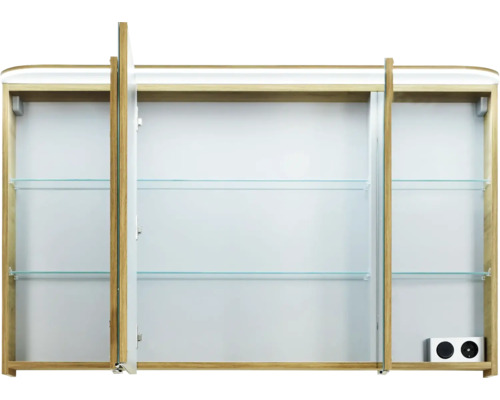 Armoire de toilette ouverte avec trois portes et étagères en verre