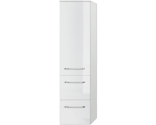 Hochglänzender Badschrank mit drei Schubladen und Metallgriffen