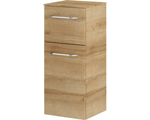 Hochschrank aus Holz mit zwei Schubladen und Griffen