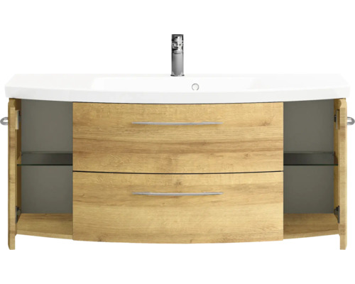 Meuble sous-lavabo avec compartiment ouvert et deux tiroirs