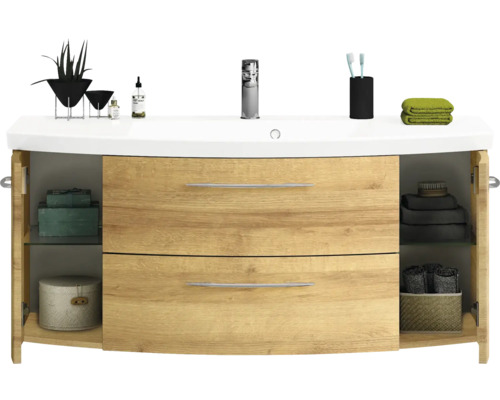 Meuble-lavabo avec deux tiroirs, compartiments ouverts et lavabo à poser